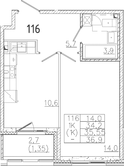 Планировка — Лисино, 1-комн., 34 м²