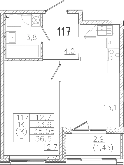 Планировка — Лисино, 1-комн., 34 м²