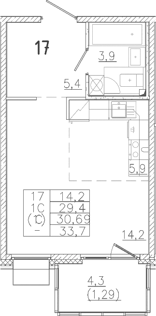 Планировка — Лисино, Студия, 29 м²