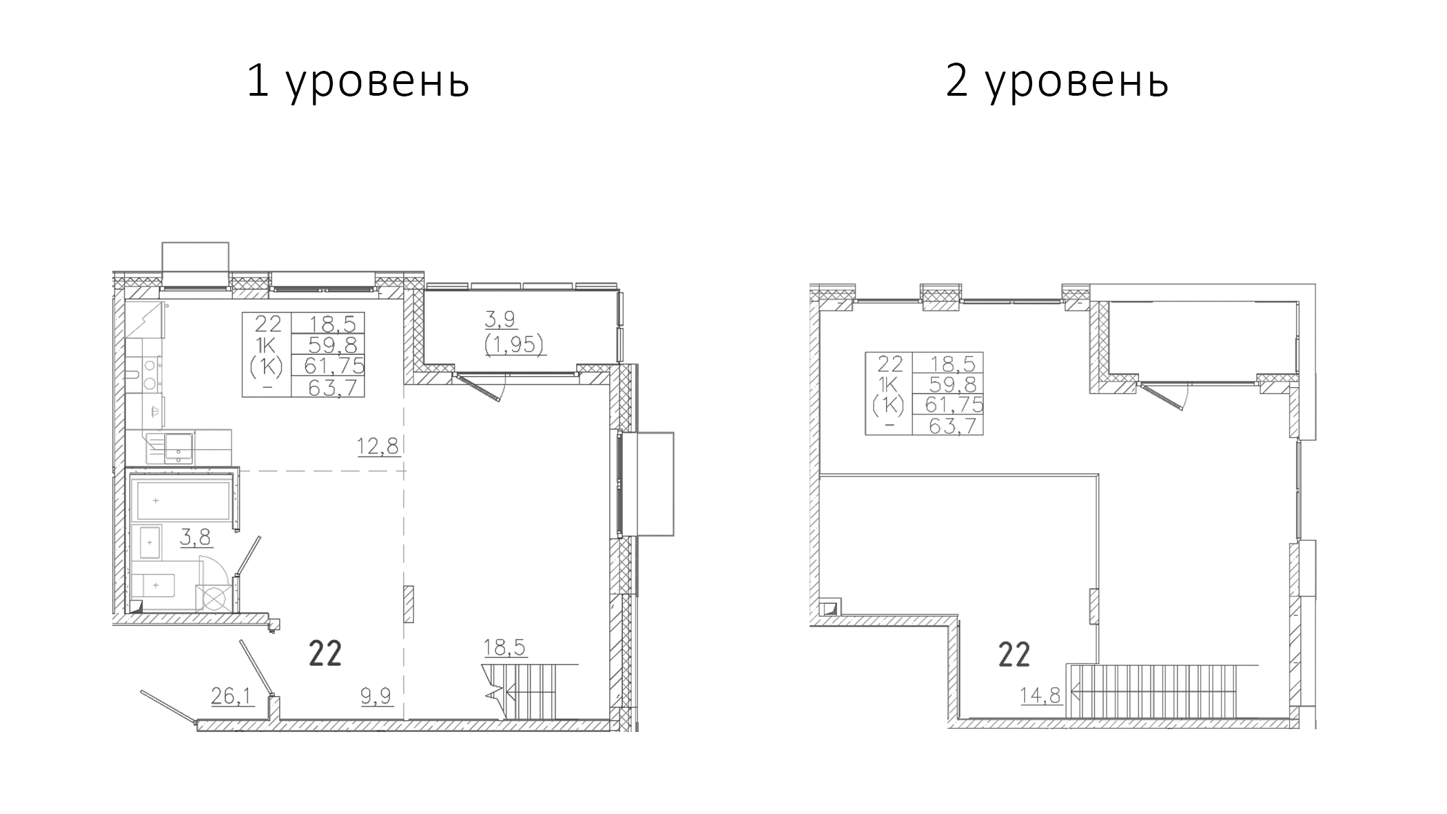 Планировка — Лисино, 1-комн., 45 м²