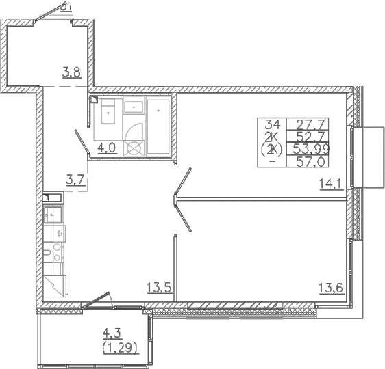 Планировка — Лисино, 2-комн., 53 м²