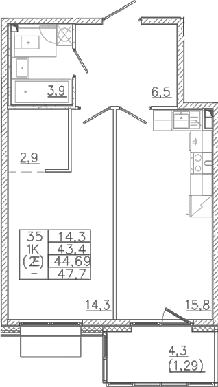 Планировка — Лисино, 2-комн., 43 м²
