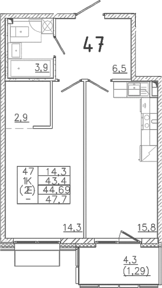 Планировка — Лисино, 2-комн., 43 м²