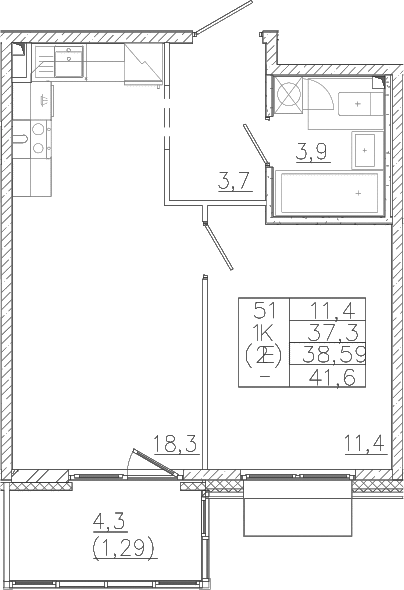 Планировка — Лисино, 2-комн., 37 м²
