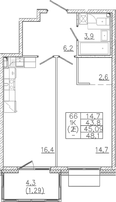 Планировка — Лисино, 2-комн., 44 м²