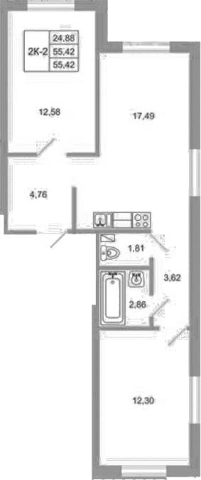 Планировка — Стороны света 2, 3-комн., 55 м²
