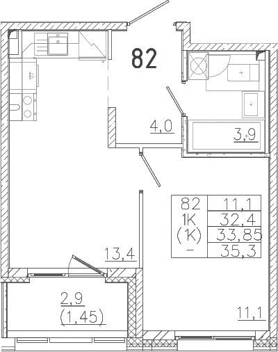 Планировка — Лисино, 1-комн., 32 м²