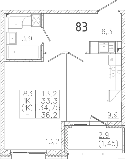 Планировка — Лисино, 1-комн., 33 м²