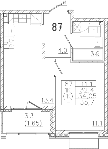 Планировка — Лисино, 1-комн., 32 м²