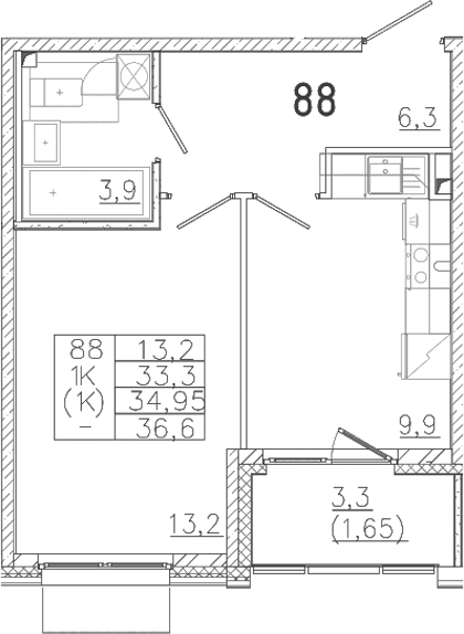 Планировка — Лисино, 1-комн., 33 м²