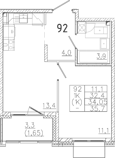 Планировка — Лисино, 1-комн., 32 м²