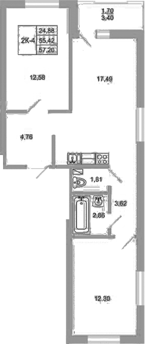 Планировка — Стороны света 2, 3-комн., 55 м²