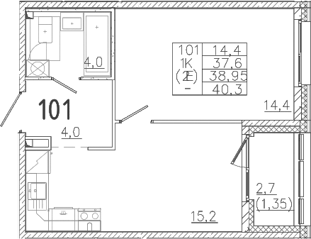 Планировка — Лисино, 2-комн., 38 м²