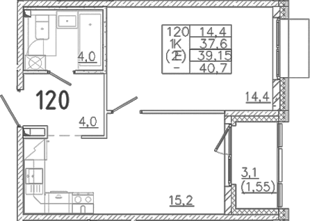 Планировка — Лисино, 2-комн., 38 м²
