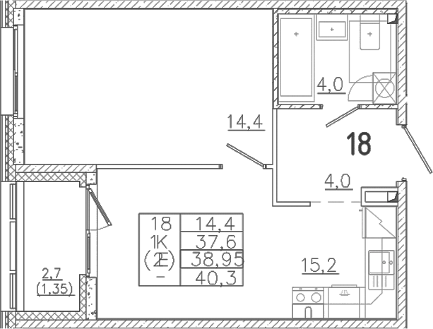Планировка — Лисино, 2-комн., 38 м²
