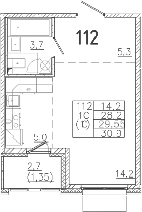 Планировка — Лисино, Студия, 28 м²
