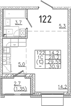 Планировка — Лисино, Студия, 28 м²