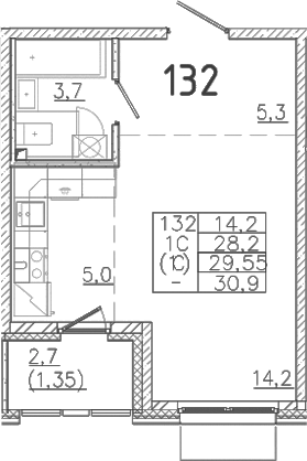 Планировка — Лисино, Студия, 28 м²