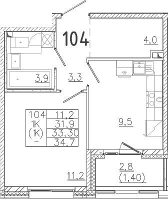 Планировка — Лисино, 1-комн., 32 м²