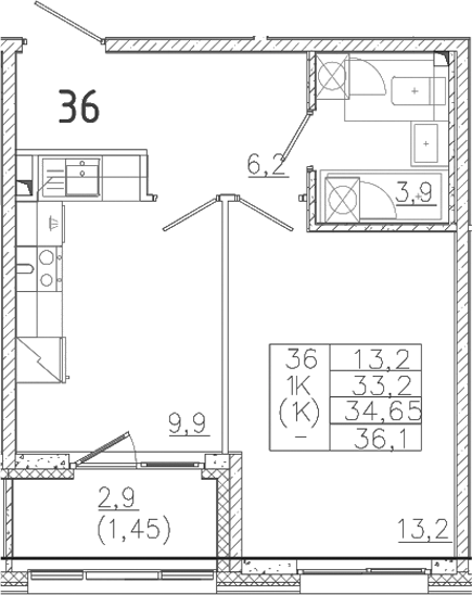 Планировка — Лисино, 1-комн., 33 м²