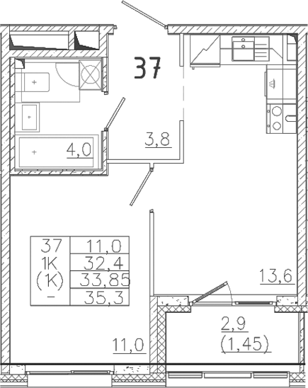 Планировка — Лисино, 1-комн., 32 м²