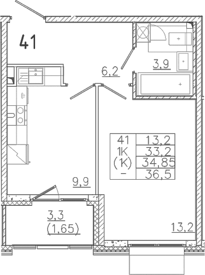 Планировка — Лисино, 1-комн., 33 м²