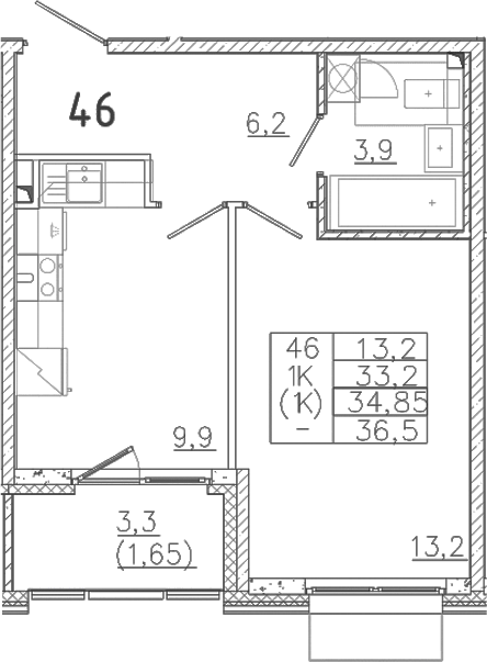 Планировка — Лисино, 1-комн., 33 м²