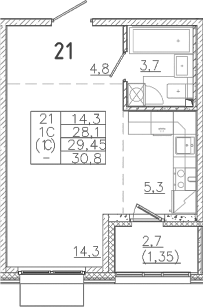 Планировка — Лисино, Студия, 28 м²