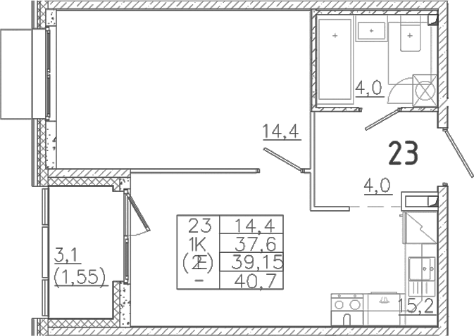 Планировка — Лисино, 2-комн., 38 м²