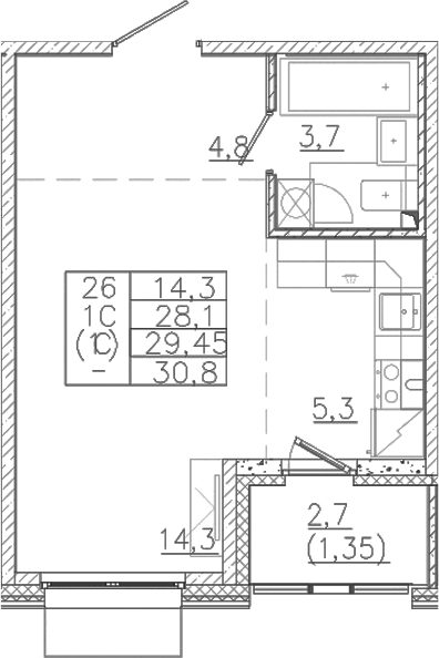 Планировка — Лисино, Студия, 28 м²