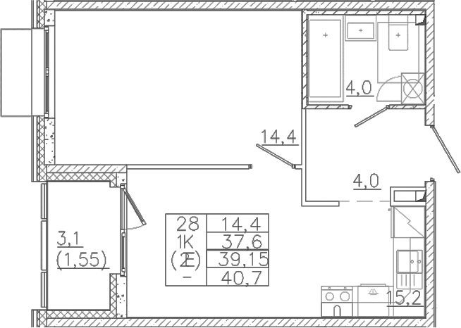 Планировка — Лисино, 2-комн., 38 м²