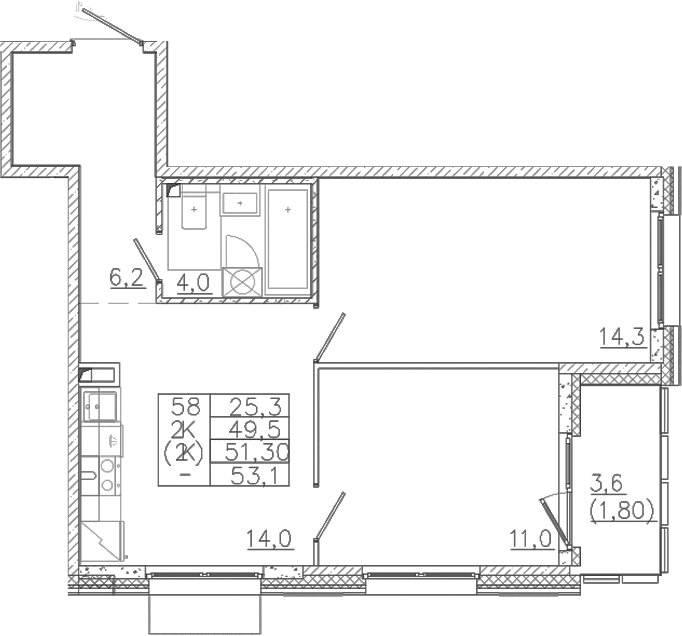 Планировка — Лисино, 2-комн., 50 м²