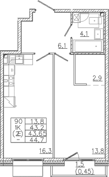 Планировка — Лисино, 2-комн., 43 м²