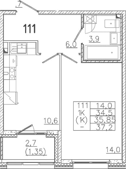 Планировка — Лисино, 1-комн., 35 м²