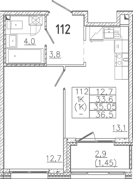 Планировка — Лисино, 1-комн., 34 м²