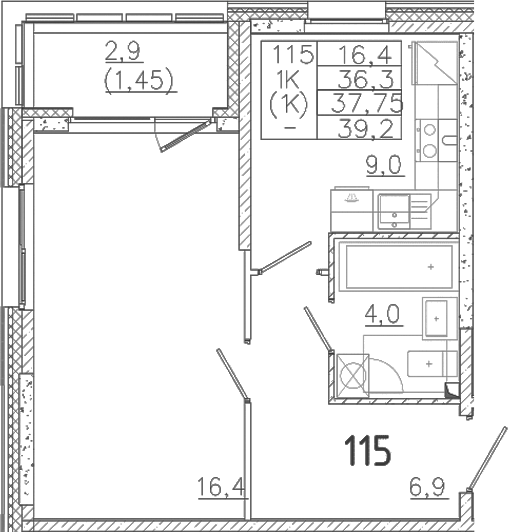 Планировка — Лисино, 1-комн., 36 м²