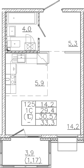 Планировка — Лисино, Студия, 29 м²