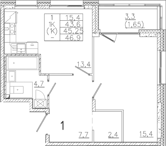 Планировка — Лисино, 1-комн., 44 м²