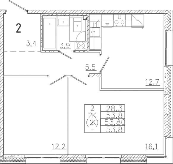 Планировка — Лисино, 2-комн., 54 м²