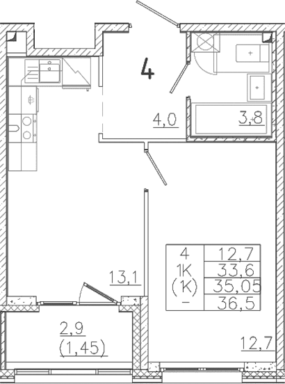 Планировка — Лисино, 1-комн., 34 м²