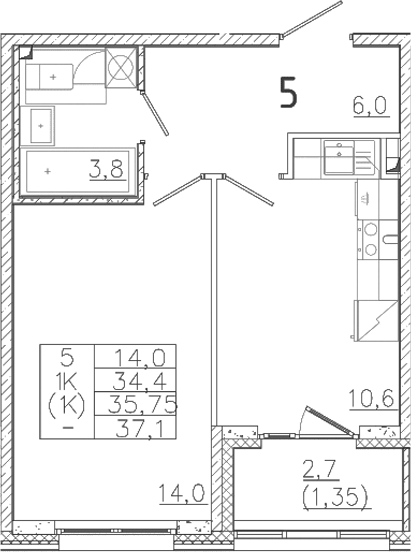 Планировка — Лисино, 1-комн., 34 м²
