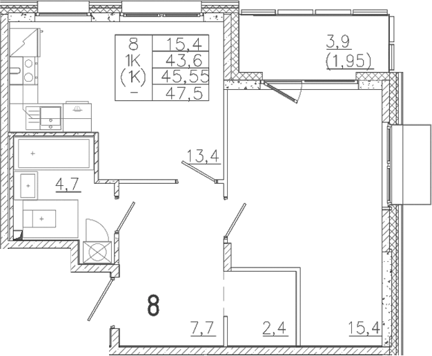 Планировка — Лисино, 1-комн., 44 м²