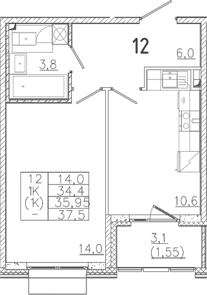 Планировка — Лисино, 1-комн., 34 м²