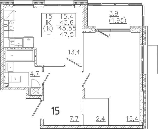 Планировка — Лисино, 1-комн., 44 м²