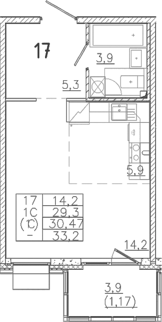 Планировка — Лисино, Студия, 29 м²