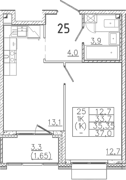 Планировка — Лисино, 1-комн., 34 м²