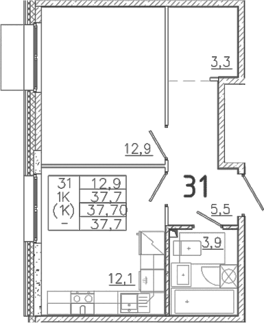 Планировка — Лисино, 1-комн., 38 м²