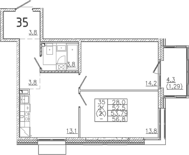 Планировка — Лисино, 2-комн., 53 м²