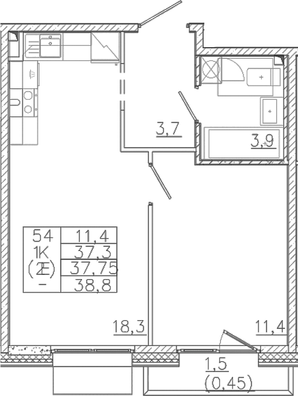 Планировка — Лисино, 2-комн., 37 м²