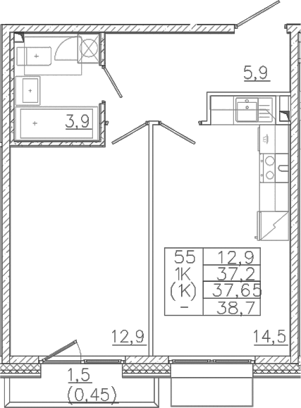 Планировка — Лисино, 1-комн., 37 м²